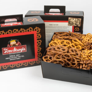 Decorative red and black carton with pretzels.