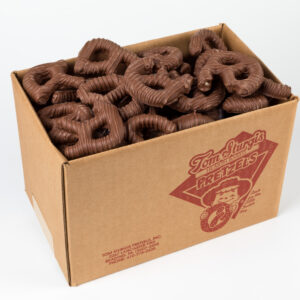 Chocolate pretzels in a carton.