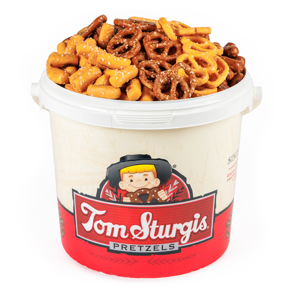 Assorted Bite Size Pretzels – Decorative Plastic Tub – Tom Sturgis Pretzels